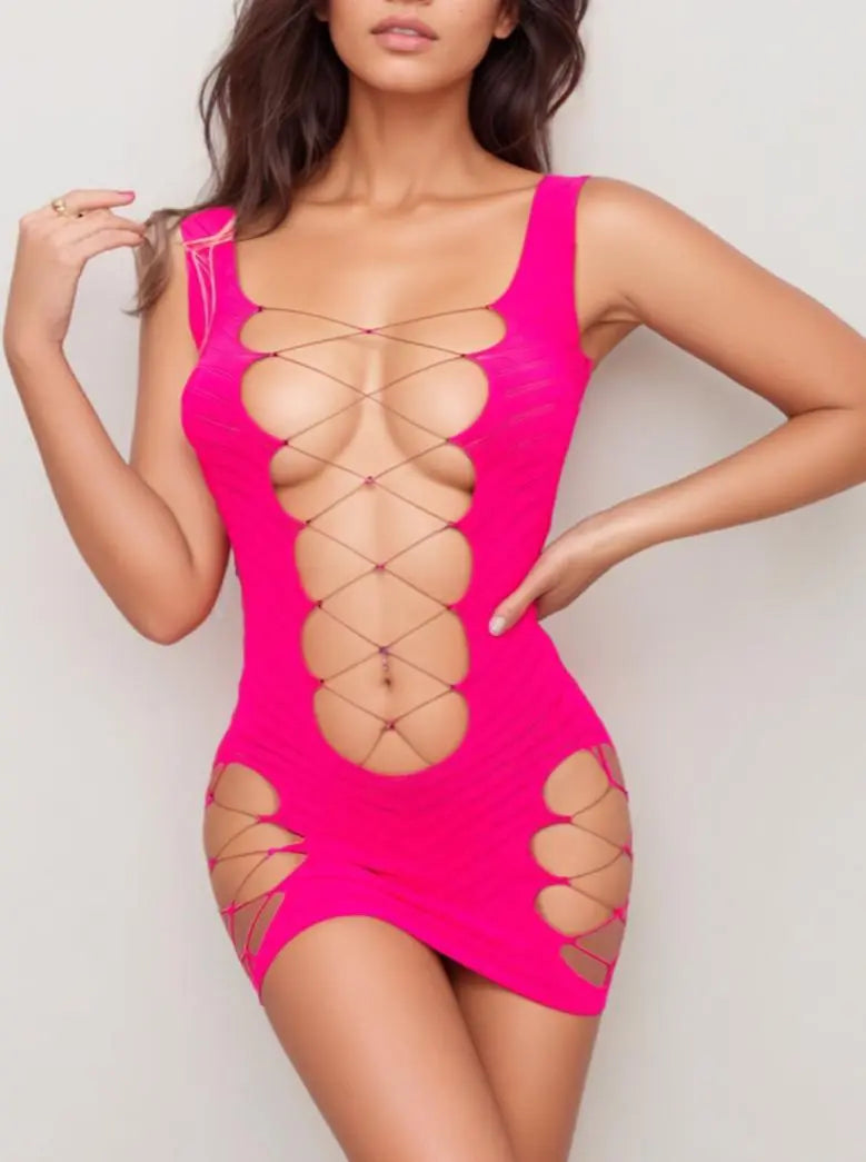Bodycon Dress Bandage Spaghetti Strap Mesh Bodysuit - Guan